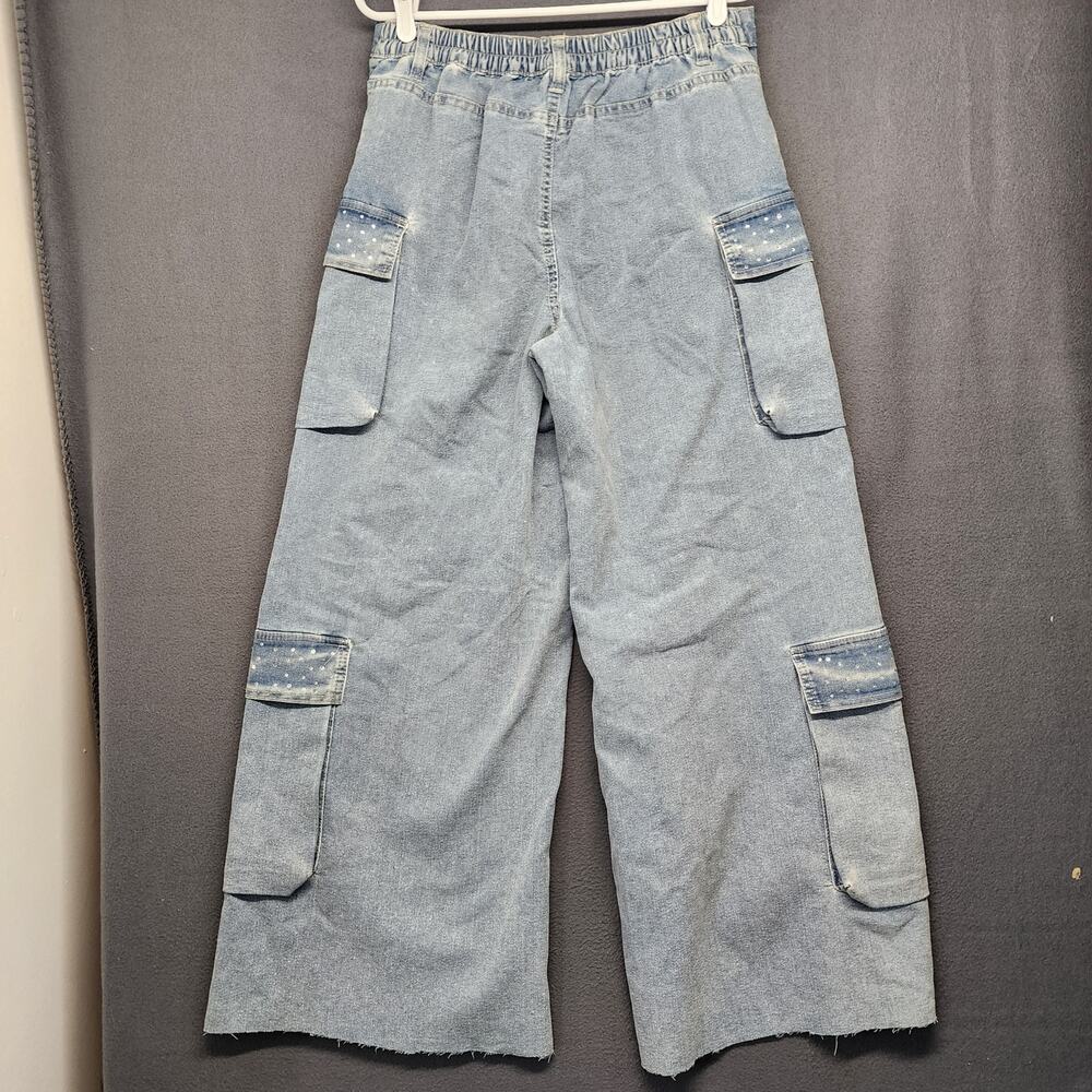 Madden NYC Jeans Women M Blue Wide Leg Cargo Raw Hem Utility Rhinestones Skater - Picture 2 of 15